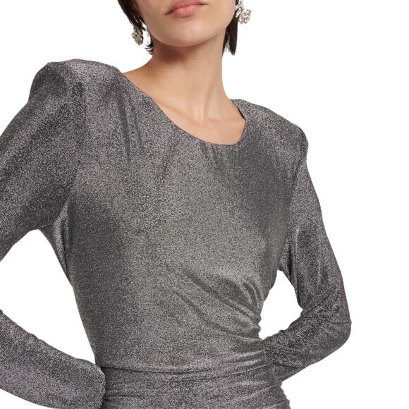 Veronica Beard Cyrus Metallic Lurex Side Ruch Dress Gunmetal Size XL - Picture 3 of 13